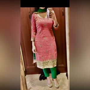 Pink and Green Embellished Kurta Set
